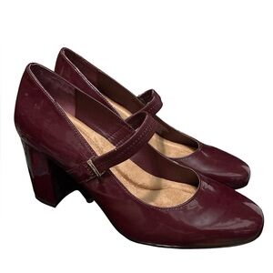 NEW-Giani Bernini Block Heel Square Toe Mary Jane Burgundy Patent Mem foam